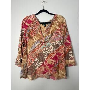 Lauren Ralph Lauren Brown Paisley 3X Top Pullover 3/4 Sleeve Autumn Fall‎ Career